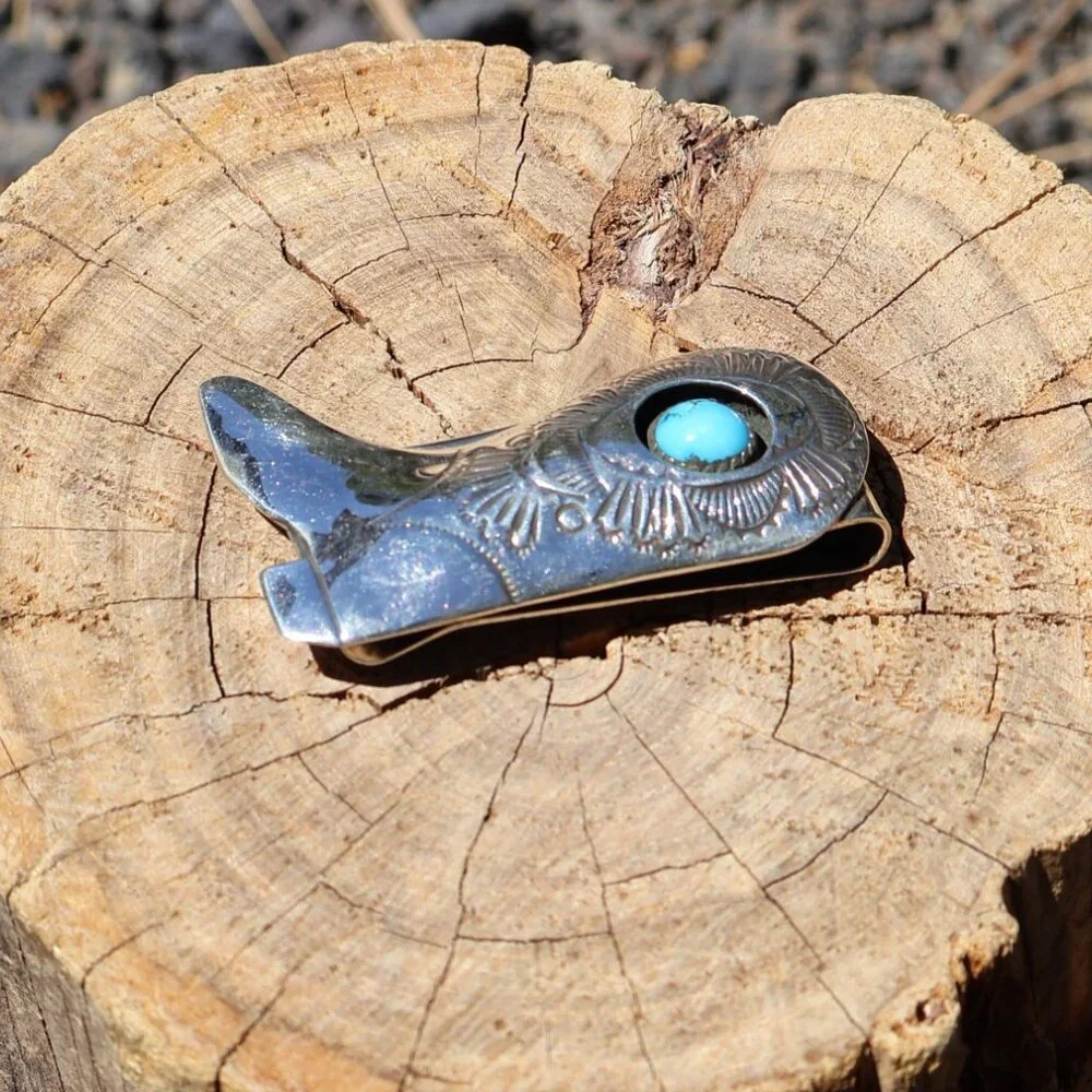 Cowboy Boot Money Clip Genuine Navajo Handmade Accessory Silver Turquoise ***